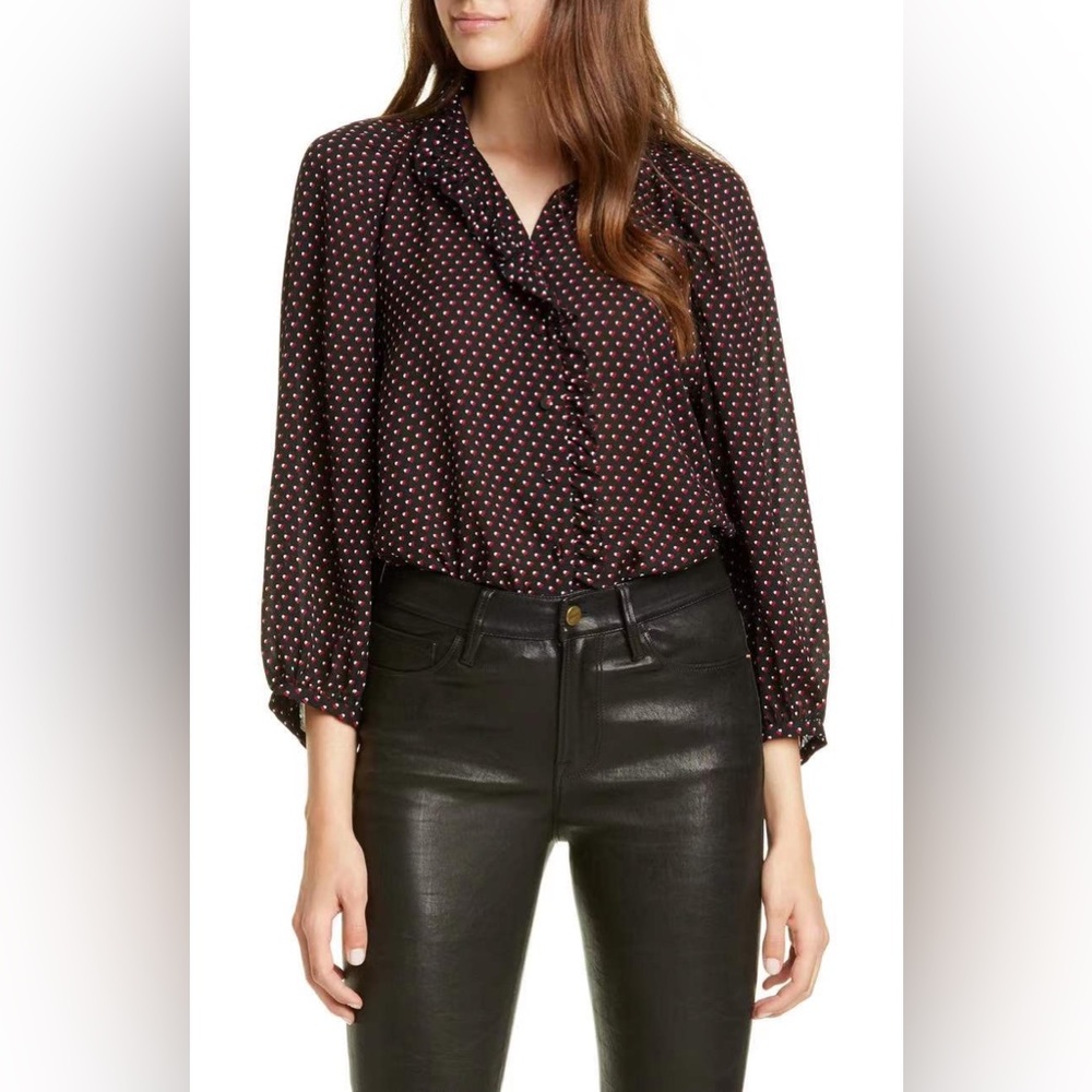 NWT Frame Grace Heart-Print Ruffle-Trim Silk Blouse